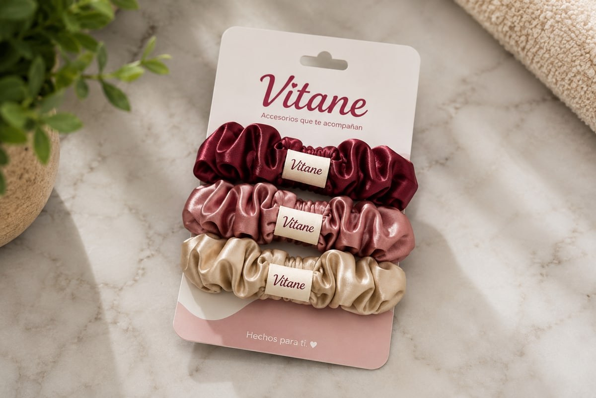 Vitane: scrunchies con su logo, hechos por Corporación Visionaria